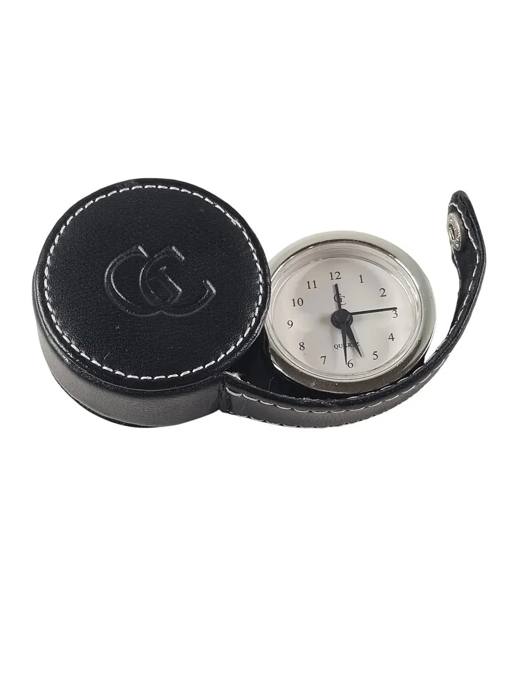 Guess Quartz Travel Alarm Clock Black Faux Leather Case Snap Closure Portable